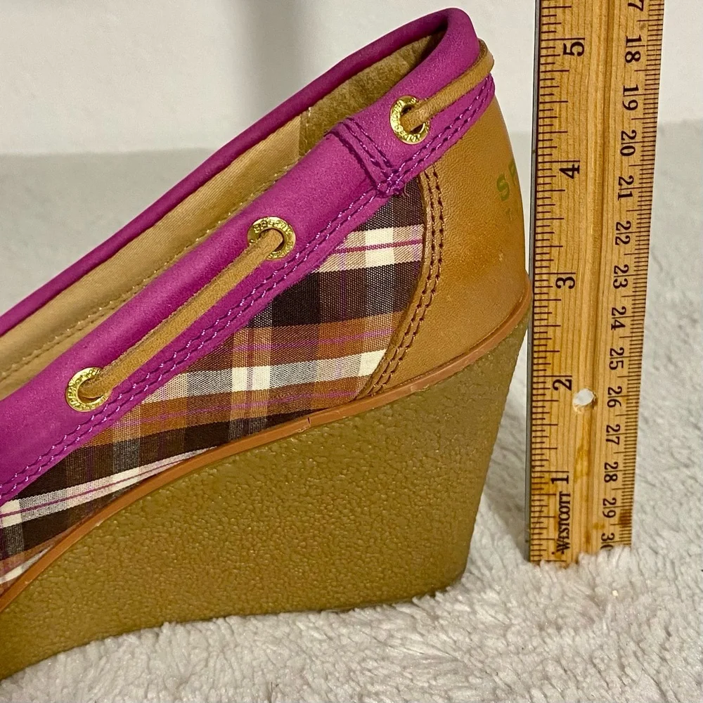 Sperry Top-Sider Goldfish Pink Tan Plaid Wedges Women’s Size 7.5M